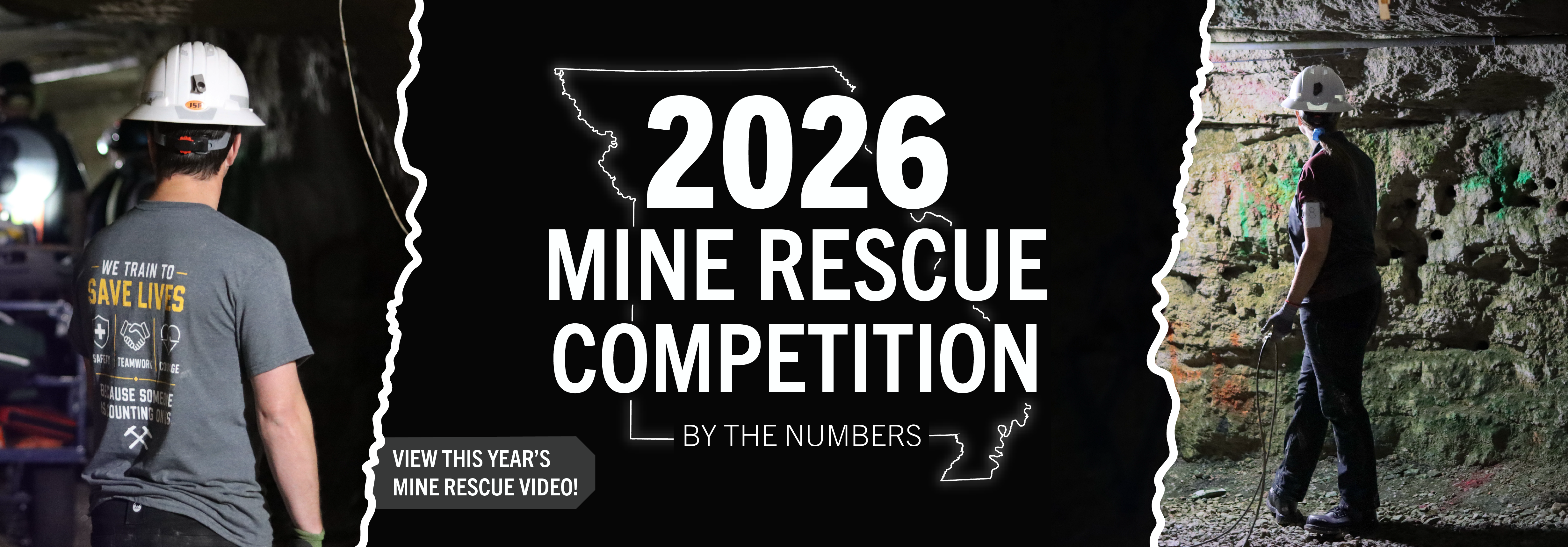 Banner for "2026 Mine Rescue Competition: By the Numbers" featuring miners in a cave. Text: View this year's mine rescue video!