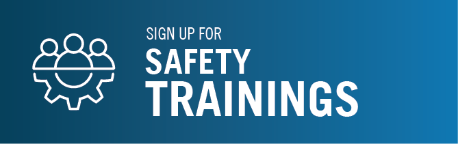 White text on blue background that reads: Sign up for safety trainings. Next to the text is an icon of outlines of three people resting atop a gear.
